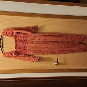 Free People Dahlia Embroidered Jumpsuit Warmstone Floral Smocked Sz Medium Viral